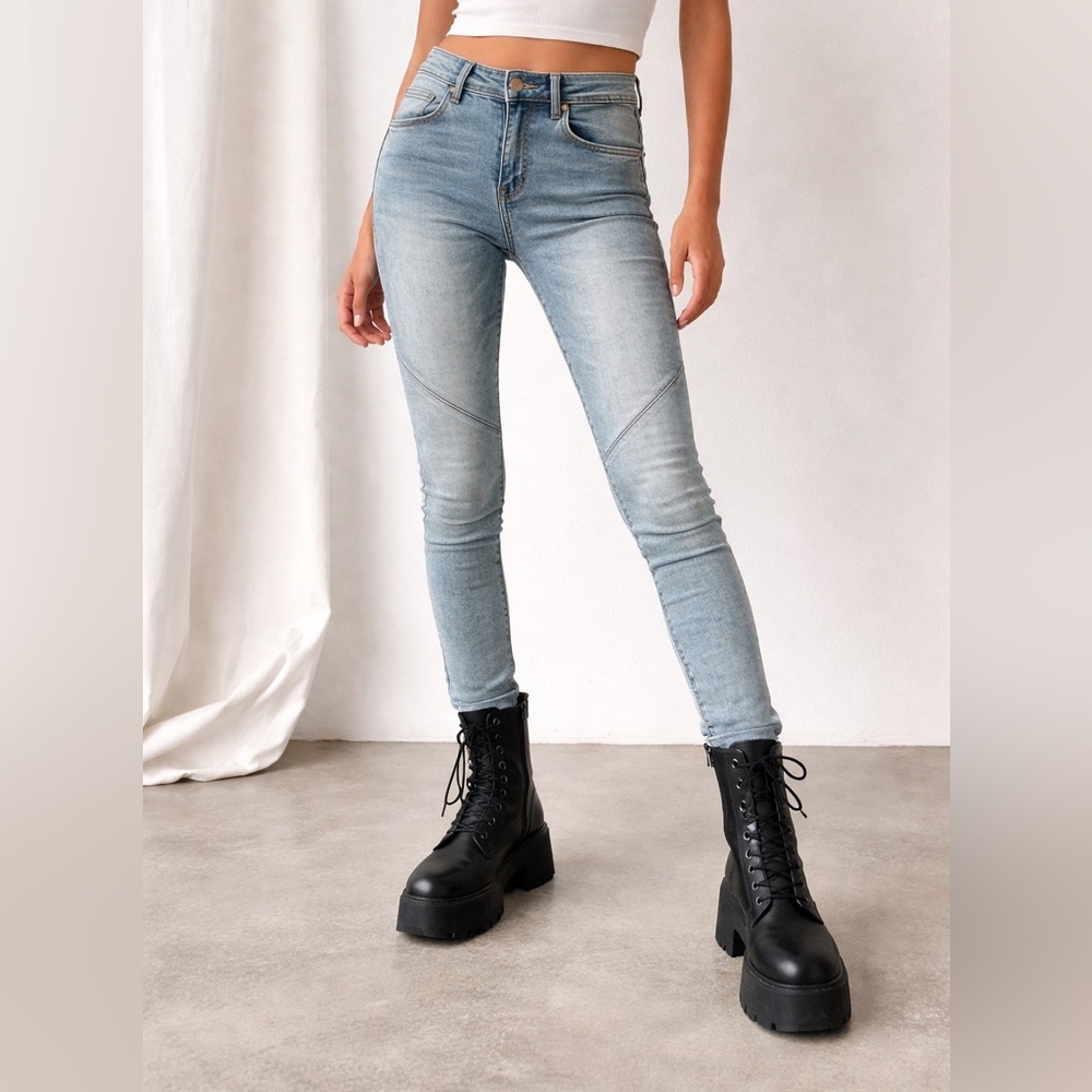ZARA Trafaluc Moto Skinny Jeans Light Wash Panel Detail Size 4